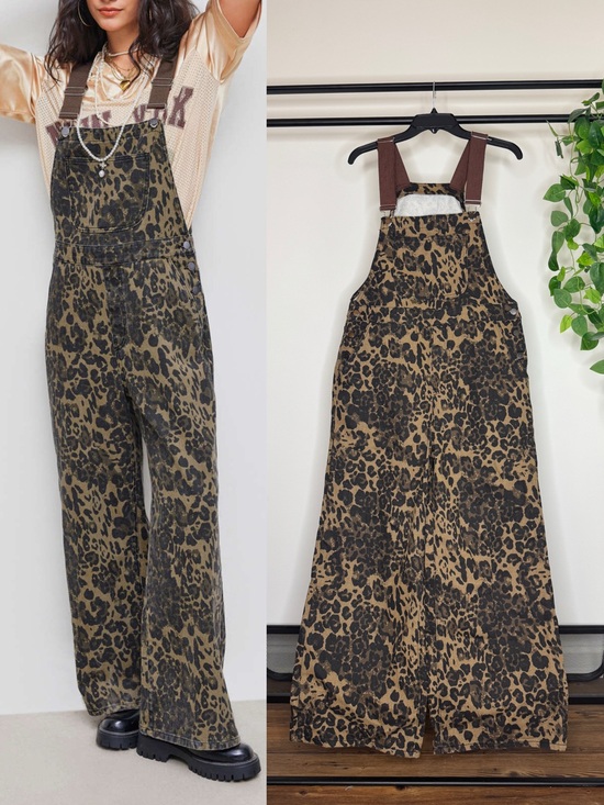 Cider Pants - Cider Denim Leopard Wide Leg Oversized Overalls Jumpsuit size L Large Viral